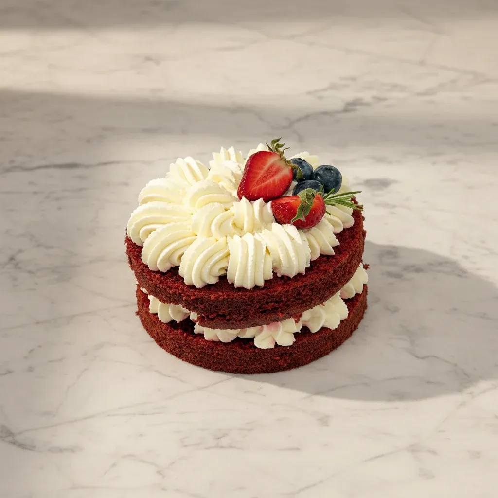 Tort red velvet z bitą śmietaną — widok z góry