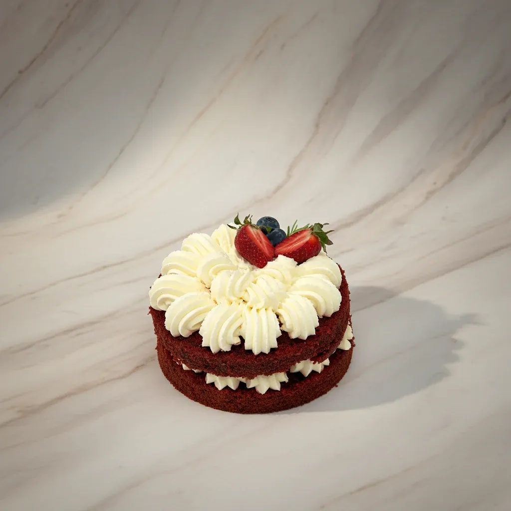 Tort red velvet z bitą śmietaną — widok z przodu